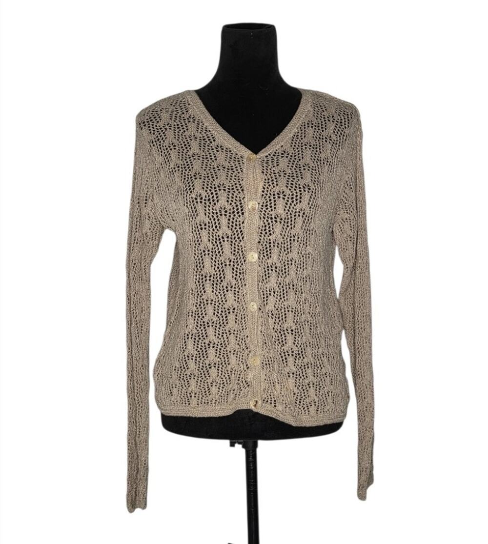 VTG Bushwacker Beige Open Knit Crochet Cardigan Linen Cotton Blend L Boho